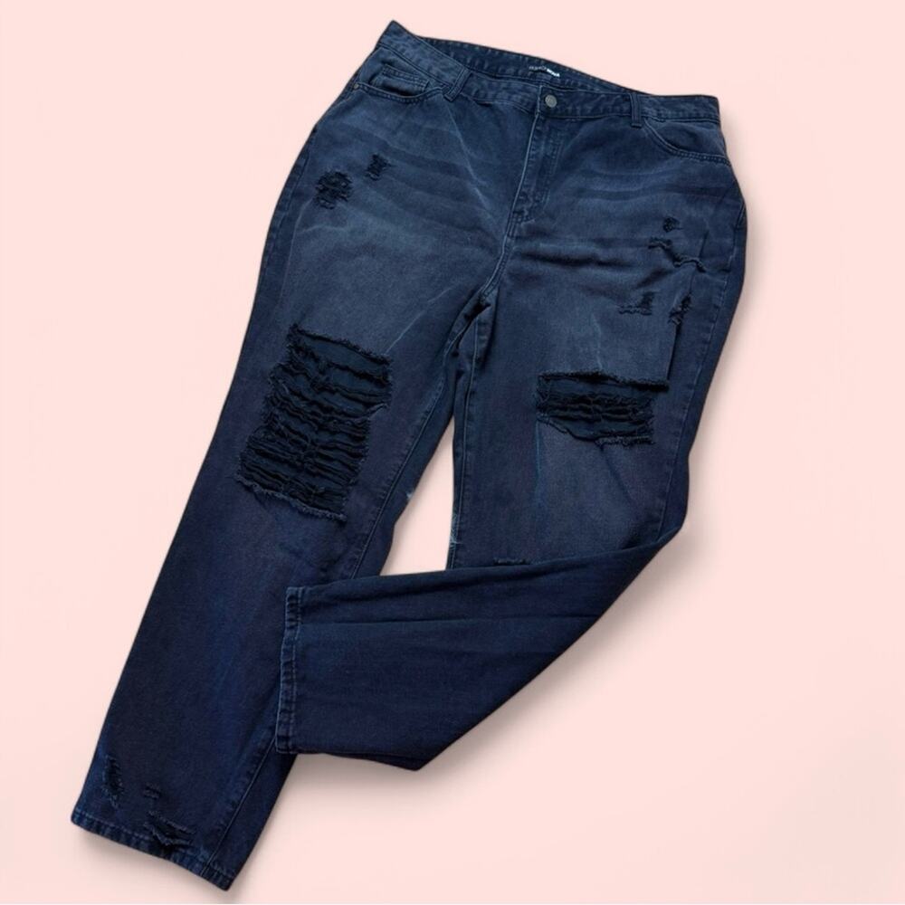 Fashion Nova Black Distressed Denim Ripped High Waisted Straight Leg Jeans - Picture 2 of 7